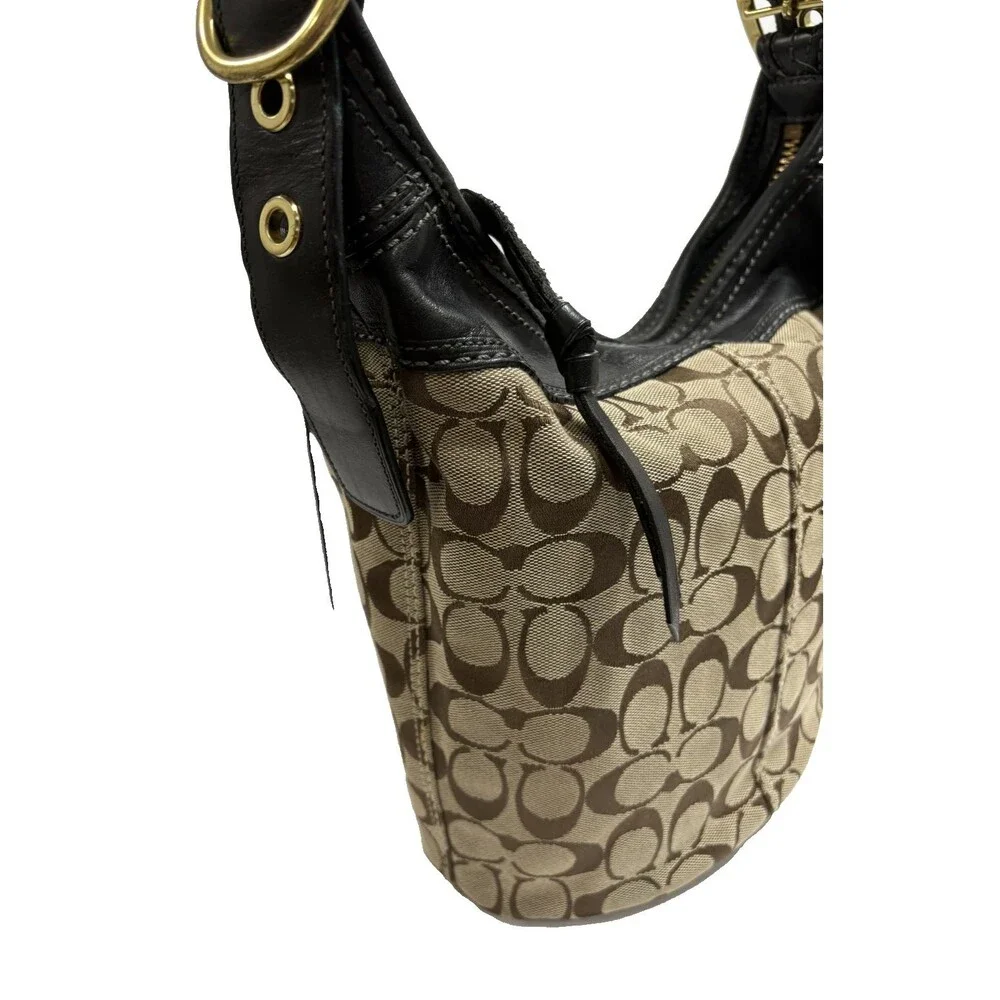 Vintage Coach Black Leather / Khaki Signature Shoulder Bucket Bag Crossbody_7